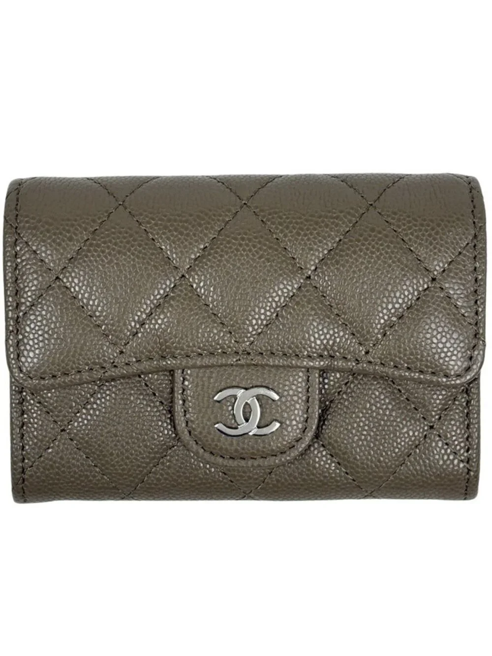 Chanel CC Logo Card Case Coin Purse Quilted Caviar Leather Gray